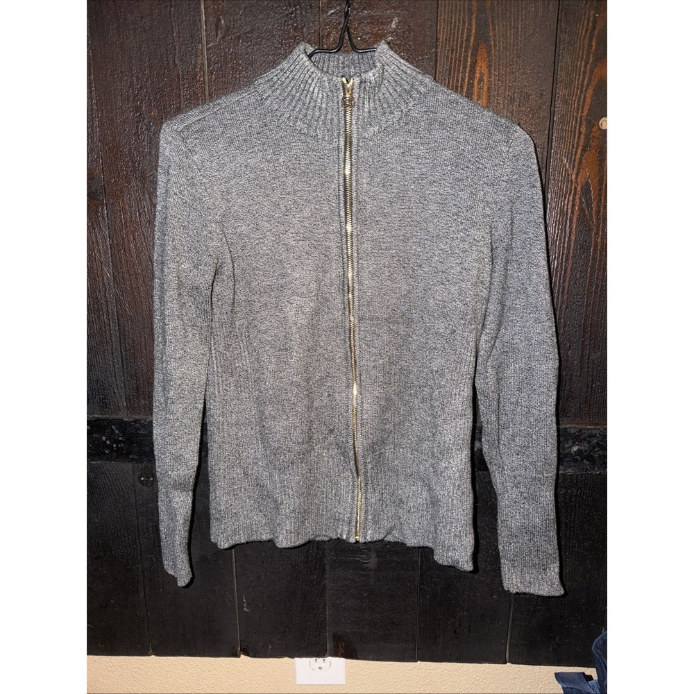Calvin Klein Front Zip Womens Sweater Size Petite Small Grey Preppy Long Sleeve